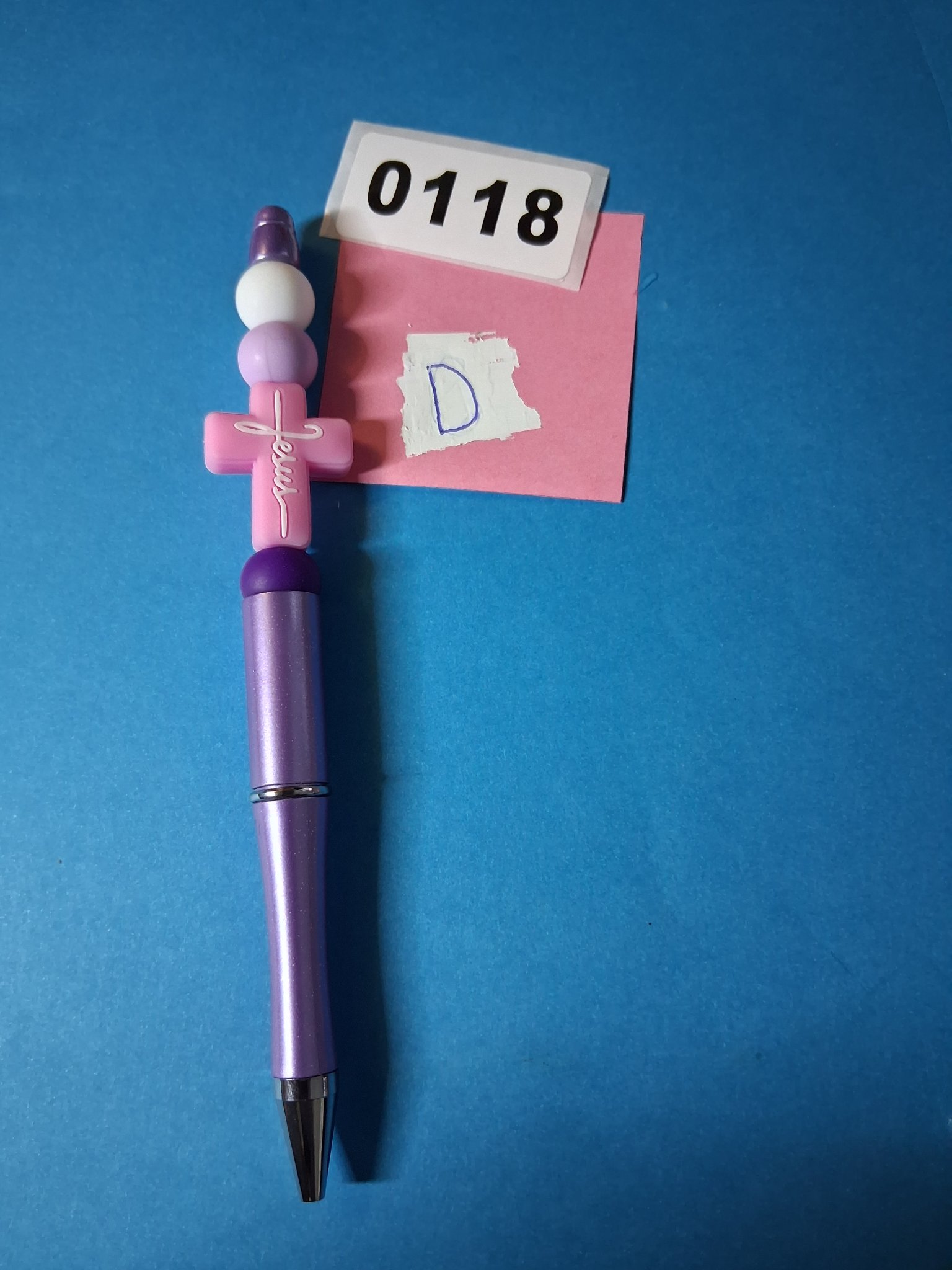 Beaded Pen — 118D "Jesus" Cross Charm (Purple)